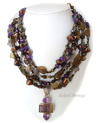 Amethyst Nugget Necklace layered with Amethyst, Olive Quartz, & Sterling Silver Necklace